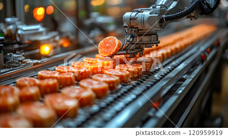 A robotic arm handles sliced fruits on a production line, showcasing advanced automation in the food industry 120959919