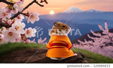 cute hamster meditating in a samkhati sitting under sakura with a mountain view in the background 120984815