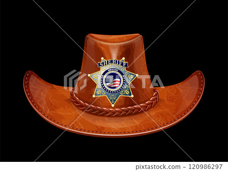 Brown cowboy sheriff hat with badge lying on black background 120986297