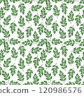 Seamless pattern of green leaves arranged uniformly on a white background 120986576