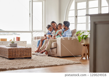 Family, sofa and relax in home living room for hug, support and unity with parents in lounge. Love, together and couch for calm with mom and dad, bonding and smile and weekend holiday in Florida 120024916