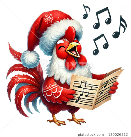 Singing rooster in a Santa hat, festive vibe. Cartoon illustration for Christmas. 120026512