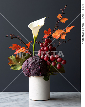 Sculptural still life with cabbage, grapes, and calla lily 120084471