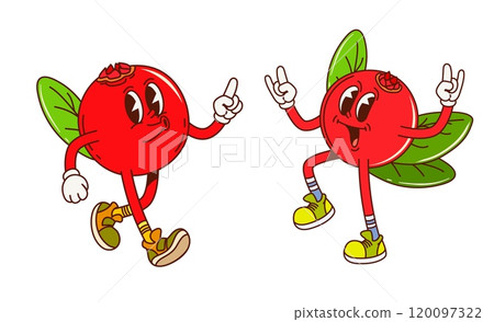 Cartoon retro groovy cranberry fruit characters with funny faces, vector comic emoji. Groovy cranberry berries with funky happy smile and ILY I Love You sign gesture for retro cartoon fruit characters 120097322