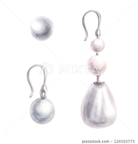 Watercolor realistic pearl earrings set. Silver grey pearly women Jewelry. Different shape earrings. Elegant women jewellery for product label design. Hand drawn illustration isolated from background 120103773