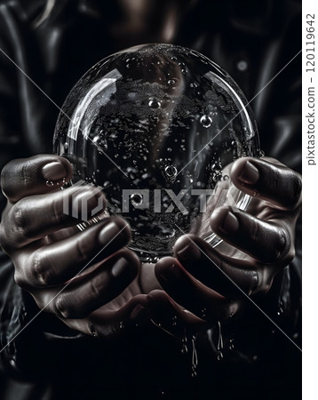 Hands holding a crystal ball with water drops - mystical and artistic concept 120119642