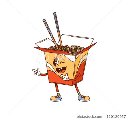 Cartoon groovy wok box fast food character. Isolated vector takeout noodles package with sticks. Retro personage with cheerful expression and chopsticks sticking out, exudes carefree appetizing vibes 120120957