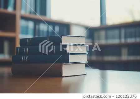 Books Stacked on Table in Cozy Bookstore Setting 120122376