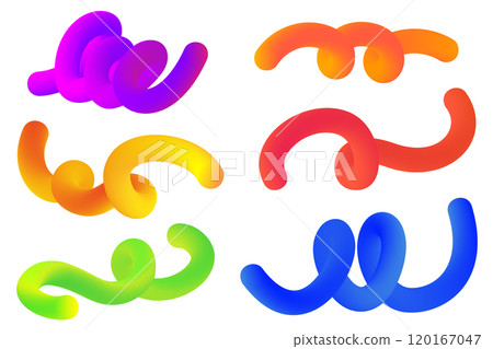 3D gradient shapes. Abstract rainbow colored fluid swirl elements on white background. Vector wavy blend spiral objects. Dynamic organic neon strokes. Bright gradation stripes 120167047