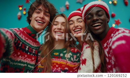 Joyful group of friends in ugly Christmas sweaters taking a selfie against a festive blue background 120169252