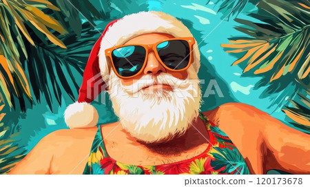 cool santa claus relax on tropical beach illustration 120173678