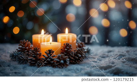 Christmas scene with a lit candle in a decorative holder 120179215