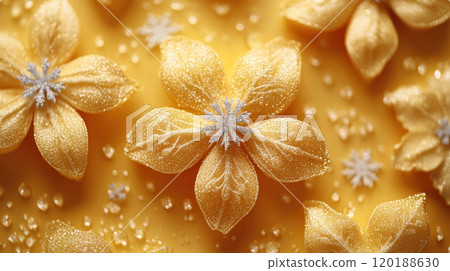 Merry Christmas, Happy New Year. Glitter yellow background golden Christmas Poinsettias close up 120188630