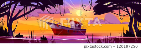 Fishing boat on lake at sunrise 120197250