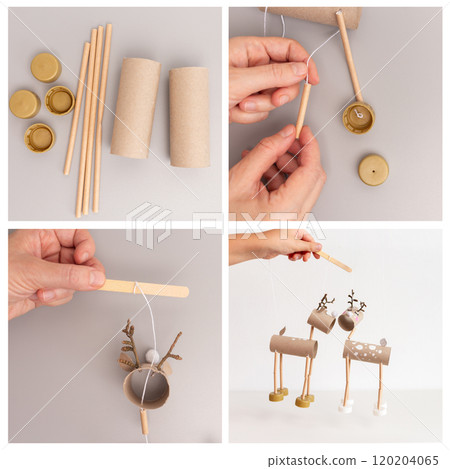 Collage tutorial on creating DIY reindeer puppets with cardboard tubes, wooden sticks, and bottle caps. Christmas craft project showing process to final result. Ideal for educational holiday guide 120204065