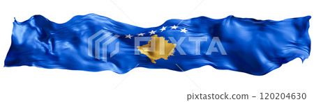 Stylized flag of Kosovo waving in the wind, isolated on white background. Footer, header or divider. Cut out wide, panoramic element. Banner for patriotic themes or national event promotions. 3D. 120204630