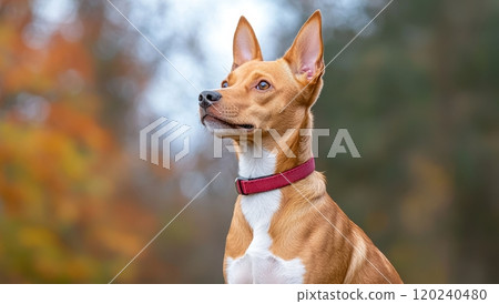 Portrait of a mixed breed dog outdoors in autumn 120240480