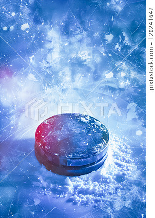 Hockey stick and a puck on blue background 120241642