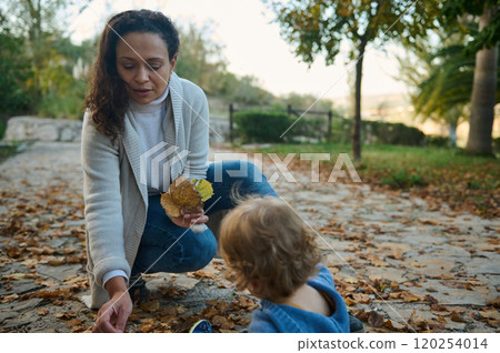 Mother and child playing with leaves in a park during autumn 120254014