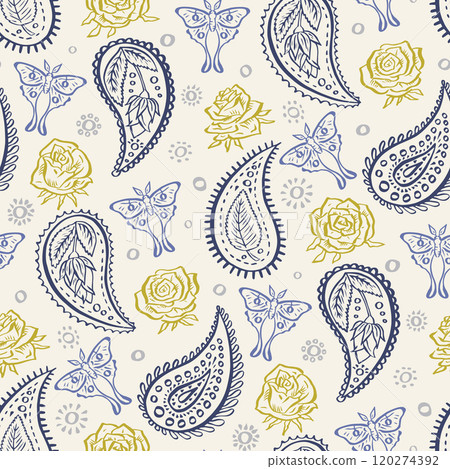 Seamless pattern with hand drawn inky Paisley, roses and luna moths on beige background 120274392