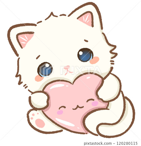 Cat holds a heart Hand drawn illustration Valentines day style white kawaii cat kitty kitten pastel color isolated on transparent background, perfect for valentines day gifts, nursery decorations 120280115