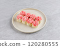 Japanese Sushi Rolls Philadelphia Uramaki Plate on Gray Background for Restaurant Menu or Food Delivery 120280555