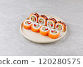 Japanese Sushi Rolls Philadelphia Uramaki Plate on Gray Background for Restaurant Menu or Food Delivery 120280575