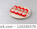 Japanese Sushi Rolls Philadelphia Uramaki Plate on Gray Background for Restaurant Menu or Food Delivery 120280576