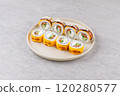 Japanese Sushi Rolls Philadelphia Uramaki Plate on Gray Background for Restaurant Menu or Food Delivery 120280577