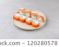 Japanese Sushi Rolls Philadelphia Uramaki Plate on Gray Background for Restaurant Menu or Food Delivery 120280578