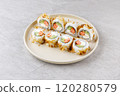 Japanese Sushi Rolls Philadelphia Uramaki Plate on Gray Background for Restaurant Menu or Food Delivery 120280579