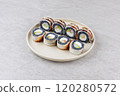 Japanese Sushi Rolls Philadelphia Uramaki Plate on Gray Background for Restaurant Menu or Food Delivery 120280572