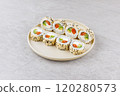 Japanese Sushi Rolls Philadelphia Uramaki Plate on Gray Background for Restaurant Menu or Food Delivery 120280573