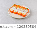 Japanese Sushi Rolls Philadelphia Uramaki Plate on Gray Background for Restaurant Menu or Food Delivery 120280584