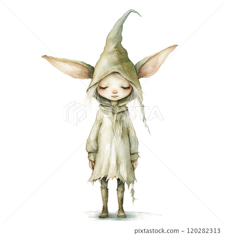 Watercolor Illustration of a Cute Elf with Large Ears and Leaf Hat, Whimsical Fantasy Character on Transparent Background 120282313