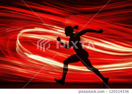 Female athlete running at high speed with red and white motion blur effect 120314336