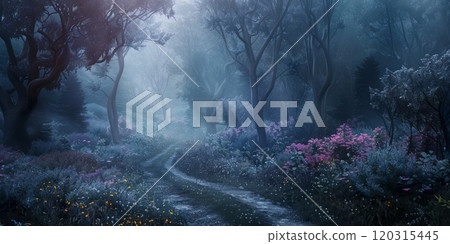 Forest scene with a path and wildflowers. Nature walk background. 120315445