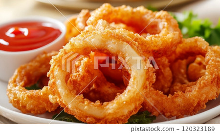 A plate of golden, crispy onion rings arranged neatly and accompanied by a small bowl of ketchup for dipping. 120323189