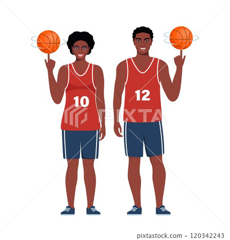 Happy African American basketball players couple in uniform with ball isolated on white background. Vector illustration. 120342243