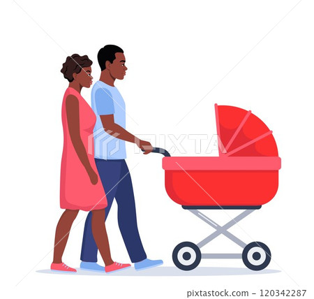 Young African American parents walking with stroller. Happy family having fun together, newborn toddler in carriage, mother and father, son or daughter. Vector illustration. 120342287