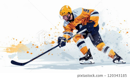 A hockey player in a yellow uniform with a stick on the ice. The hockey player is practicing his skills with precision on a white background. The concept of sport, competition, energy, tournament, 120343185