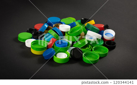 Plastic Bottle Caps Pile. Recycling HDPE Material Group, Circle Polyethylene Lid Set, Colorful Caps Group 120344141