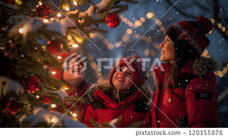 Warmly Dressed Happy Children Outside In The Evening Enjoying the Christmas Decorations In Their Town. Generative AI. 120355878