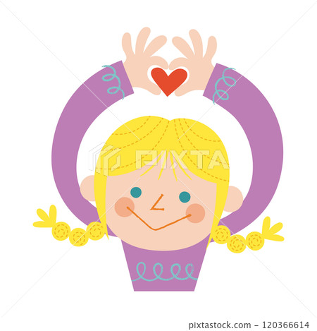 Smiling girl with hands raised and holding a heart with her fingers, blonde braids, light skin and blue eyes 120366614