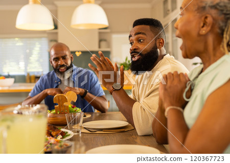 multigenerational family enjoying meal together, having lively conversation at dining table 120367723