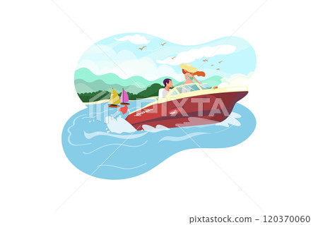 Summer lifestyle traveler woman in bikini and big hat joy relaxing on boat 120370060