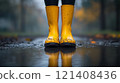 A pair of yellow rain boots, covered in mud, standing on the muddy ground. 121408436