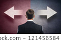 Rear view doubtful businessman in suit stands in front of a wall divided into red and blue sides, with arrows pointing different directions to choose, left or right 121456584