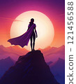 Woman hero silhouette with purple cape standing brave on the peak of a mountain looking determined at horizon over the sunset background. Dramatic and heroic atmosphere 121456588