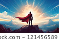 Superhero in red costume with flowing red cape stands on the mountain peak looking over horizon. Surreal comics scene, powerful and heroic concept 121456589